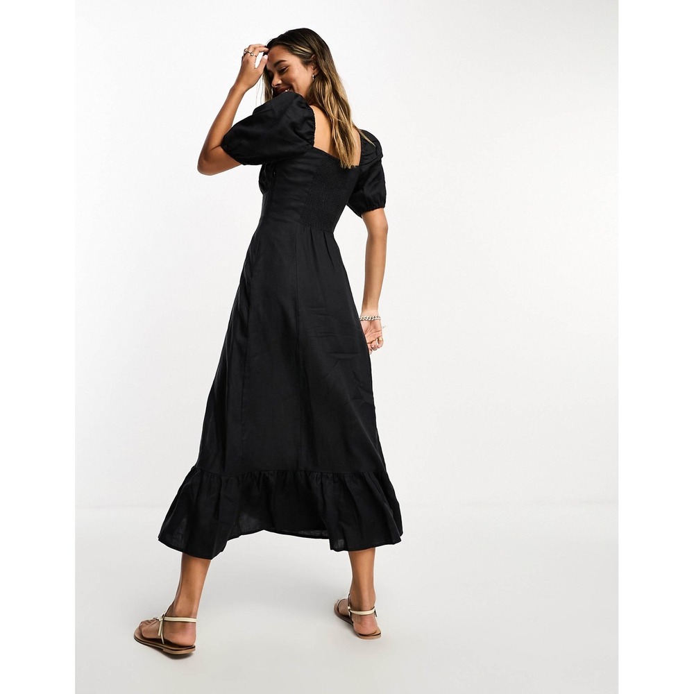 & Other Stories Black Linen Blend Puff Sleeve  Midi Dress with Slit Size 4 - Picture 2 of 9